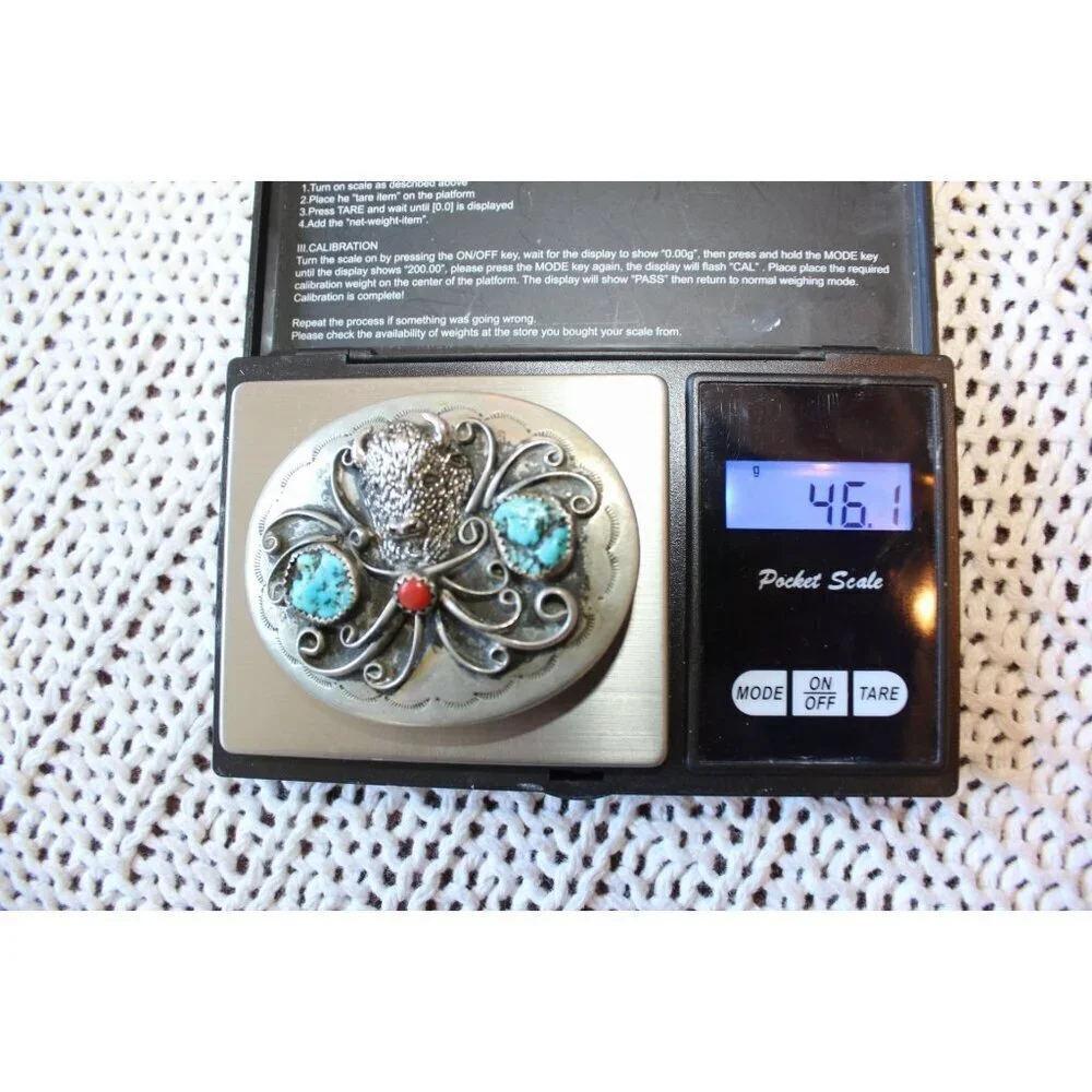 Vtg Navajo Buffalo Head Belt Buckle Turquoise & Coral Native American Handmade